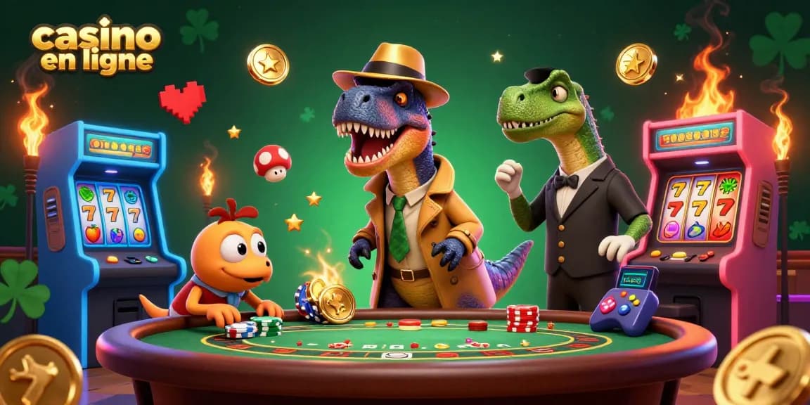 Animations captivantes d'un groupe de personnages de casino en ligne avec un velociraptor, illustrant l'ambiance des jeux d'argent.