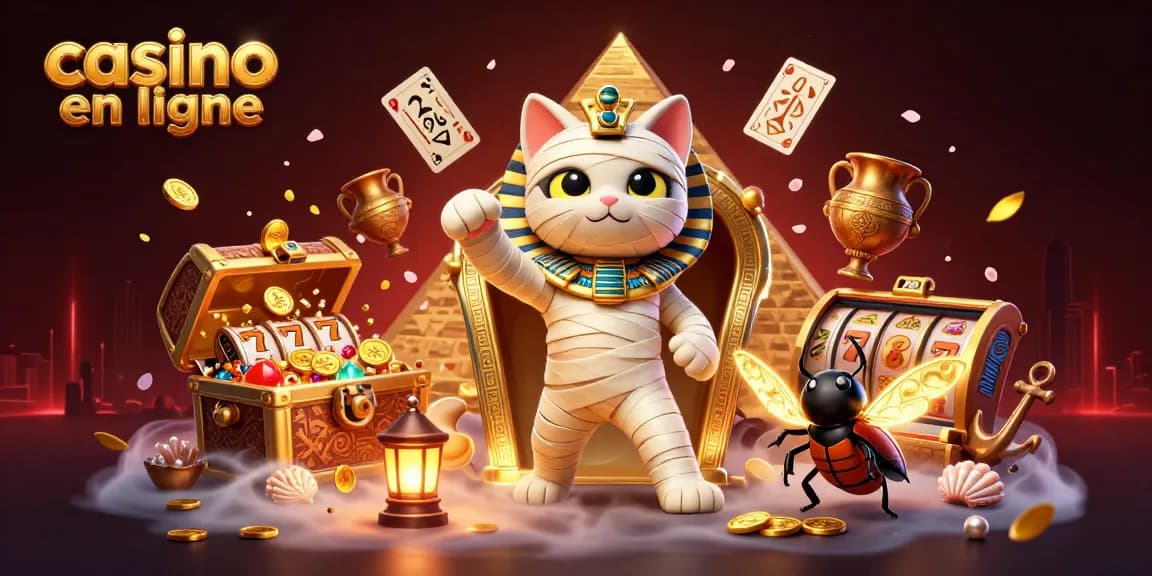 Plongez dans l'univers captivant du casino en ligne avec notre illustration animée mêlant une chatte momie égyptienne et un scarabée, entourés de jeux captivants.