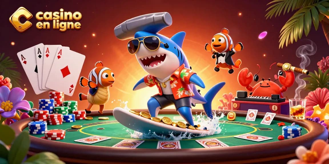 Illustration mouvementée du casino en ligne avec un requin, un poisson clown et un crabe DJ.