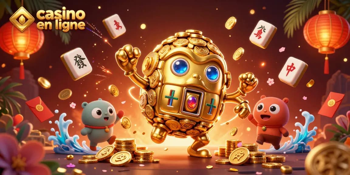 Découvrez l'univers du casino en ligne avec un golem d'or majestueux et des éléments festifs entourants.
