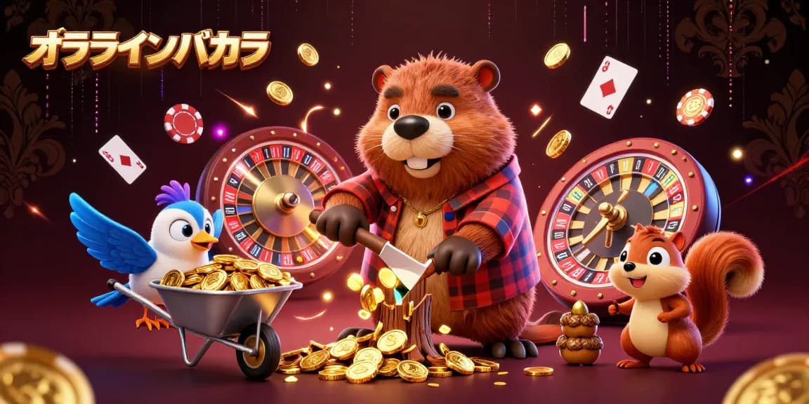 オンラインバカラで金貨を集めるキャラクターたちのカジノシーン