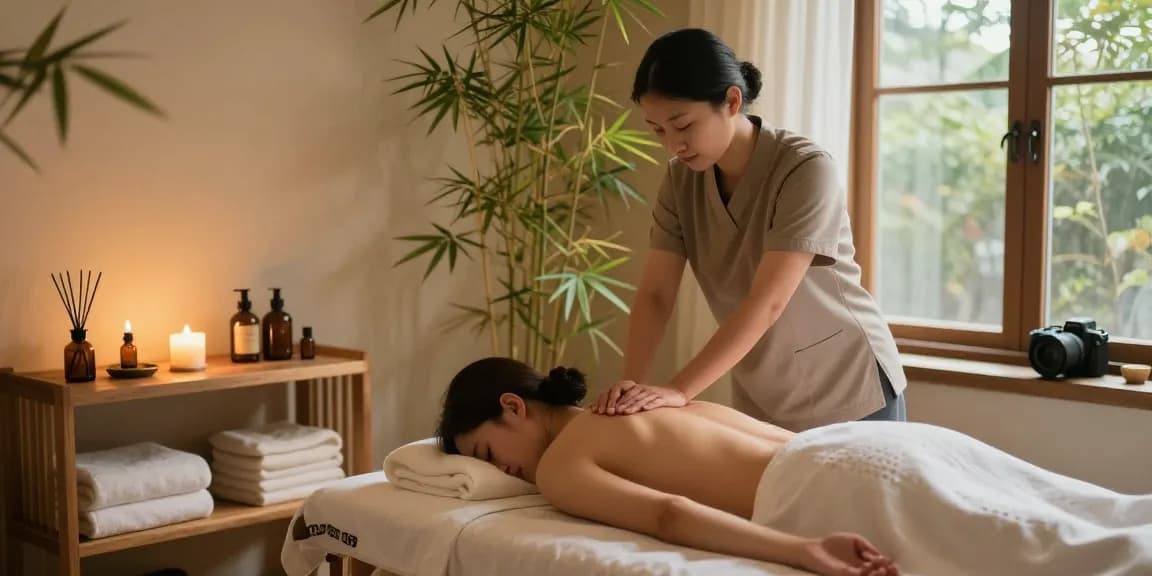 Massage therapy session in a serene wellness studio promoting relaxation and rejuvenation.