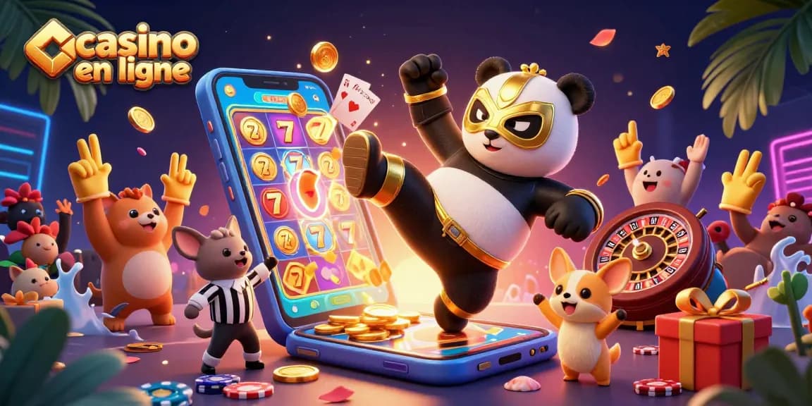 Un panda lutteur en ligne effectue un coup de pied spectaculaire dans un casino en ligne vibrant.