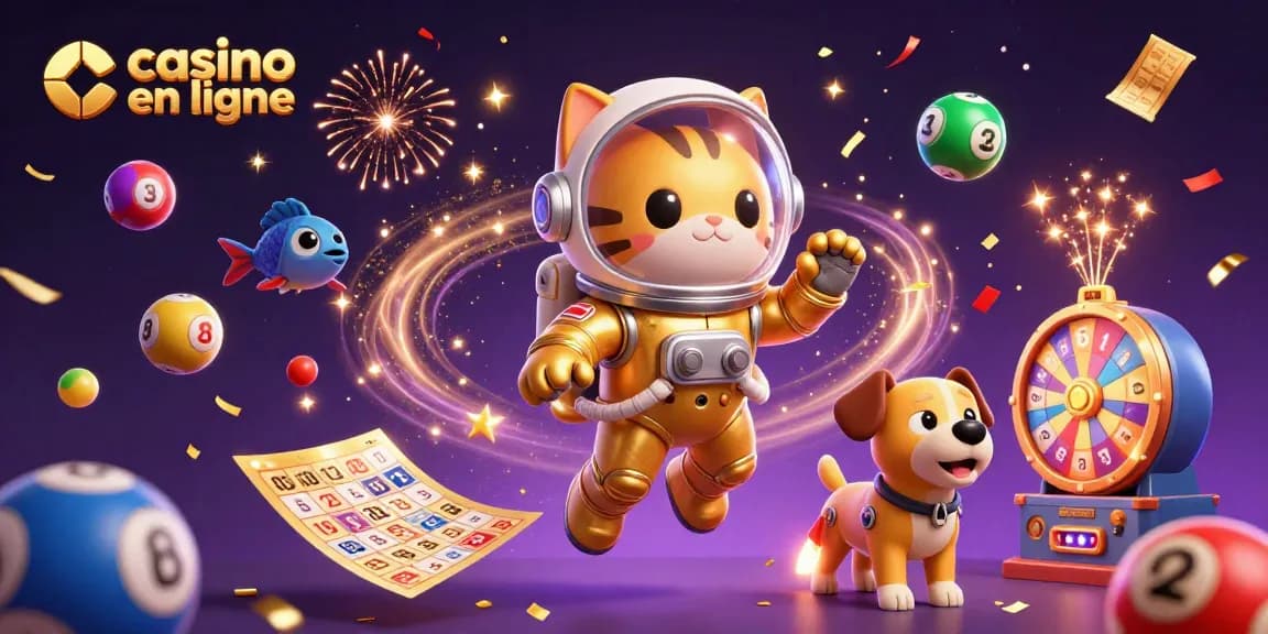 Casino en ligne : un chat astronaute et un chien robot dans une scène festive de jeu.