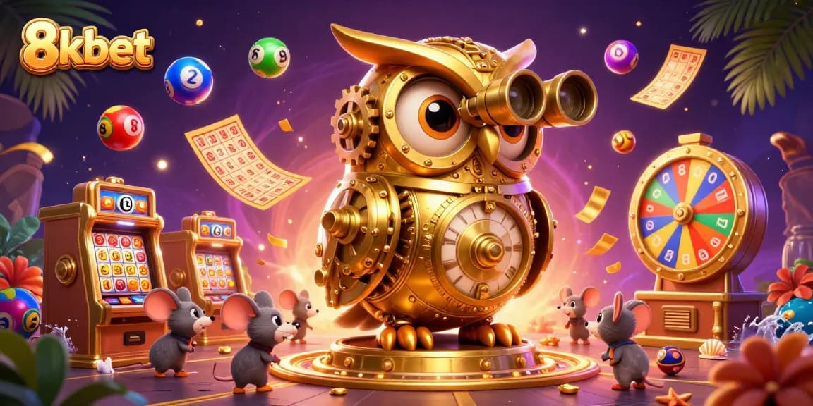 Experience the thrill of 8kbet with a vibrant casino scene featuring an owl and animated elements.