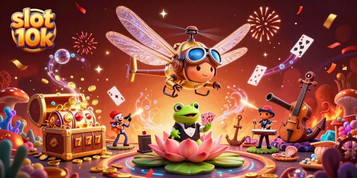 Experience the excitement of slot 10k with a vibrant casino scene featuring animated characters and gold treasure