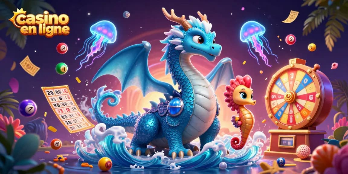 Illustration captivante de casino en ligne avec des personnages marins et loteries en action.