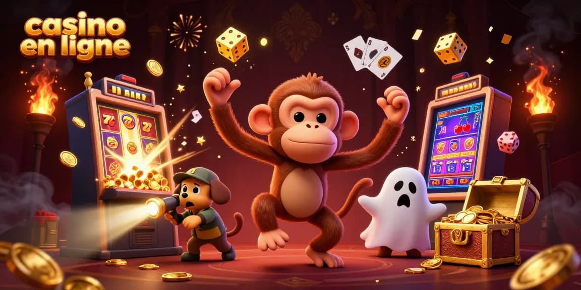 Illustration d'un casino en ligne animé avec un poltergeist singe et un chiot, jouant autour des machines à sous.