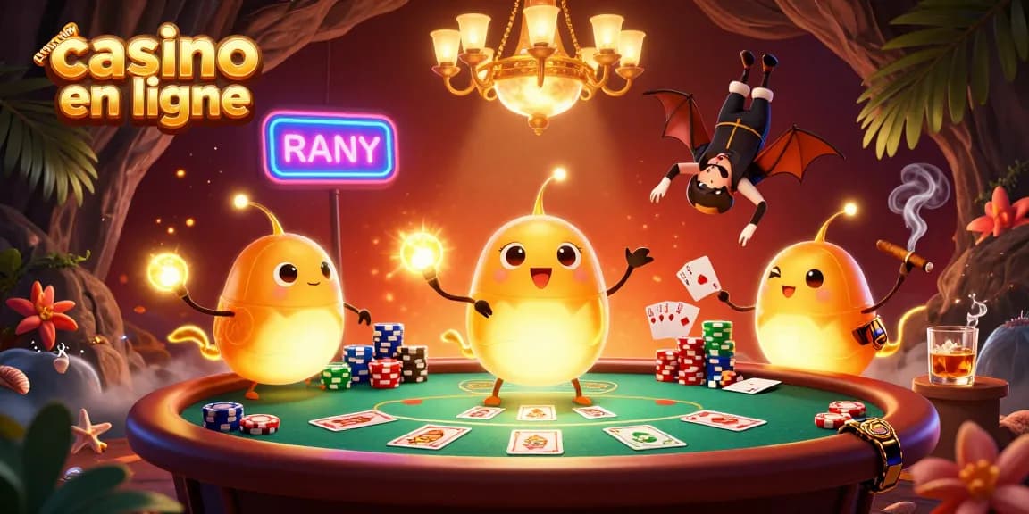 Un casino en ligne animé par des vers luisants, éclairant une table de poker avec des éléments colorés.