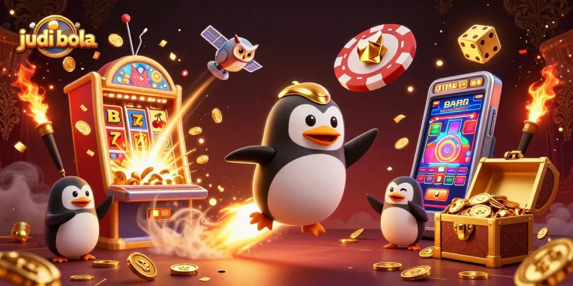 Experience judi bola with a golden penguin rocket racing towards a casino space station.
