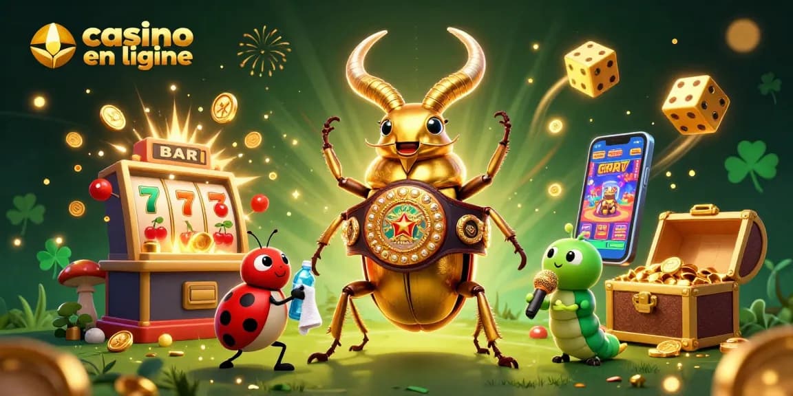 Un combat palpitant au casino en ligne avec un scarabée géant et des éléments de jeu colorés.