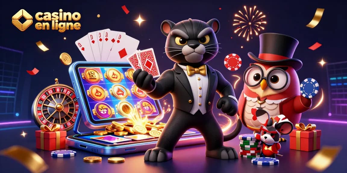 Vivez l'univers fascinant du casino en ligne avec notre illustration 3D captivante, mettant en scène des personnages animés au cœur de l'action.