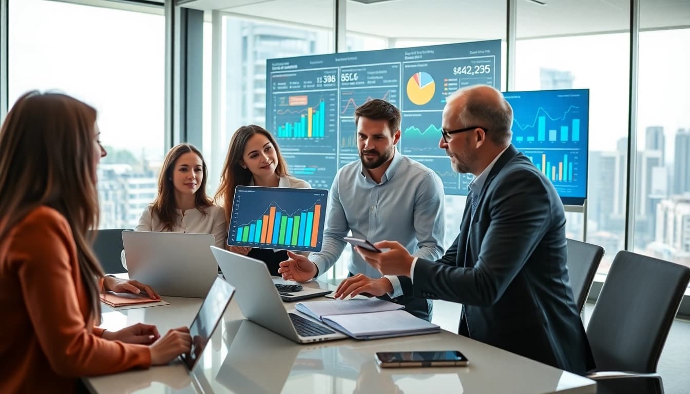 Visualizing competitive intelligence for sales with a dynamic team collaboration in a modern office.