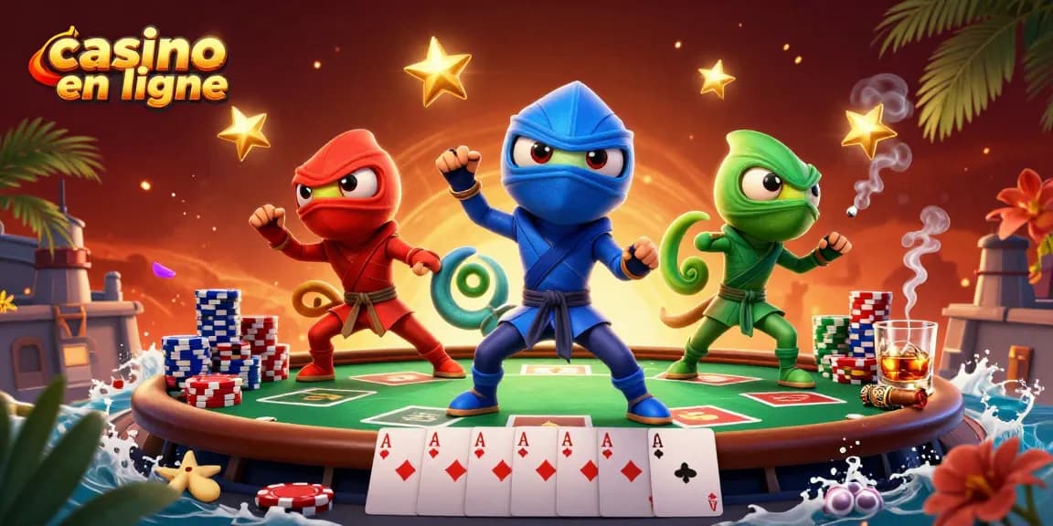 Jouez à des jeux de casino en ligne tout en admirant une scène colorée de ninjas caméléons en action.