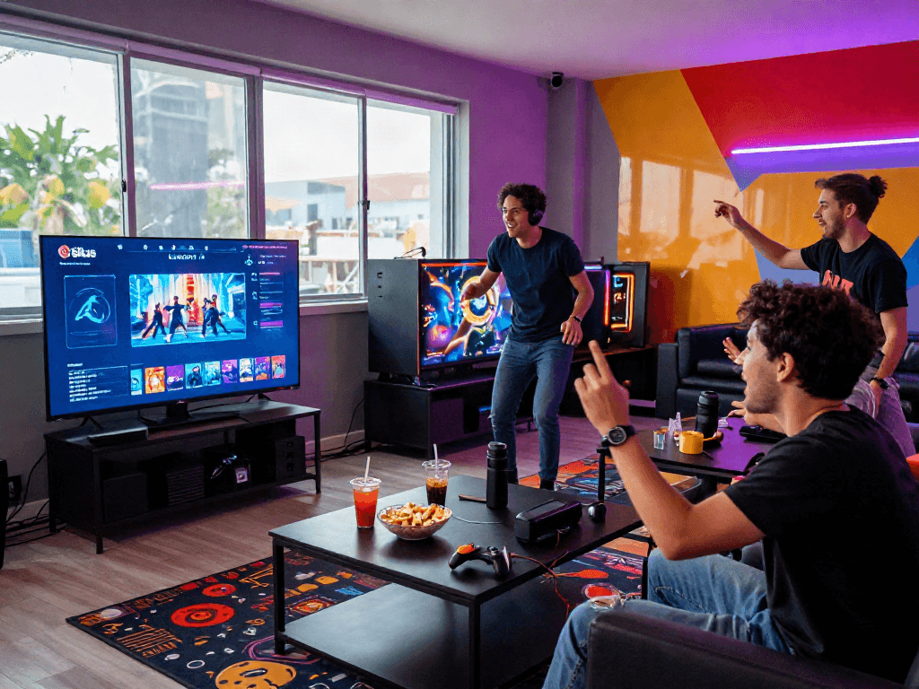 Situs LUXURY111: Teman-teman bergembira bermain permainan video di ruang game modern dengan suasana ceria.