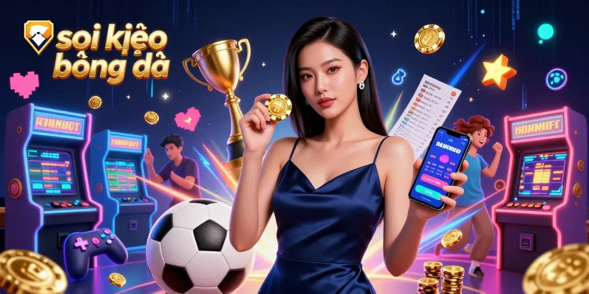 Bet on soi kèo bóng đá with a confident Asian woman showcasing a casino app and golden chip amidst dynamic gaming elements.