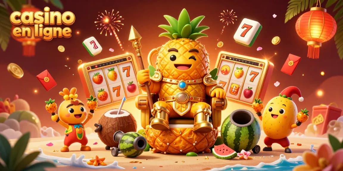 Jouez dans un casino en ligne avec une scène festive mêlant roi ananas et machines à sous.