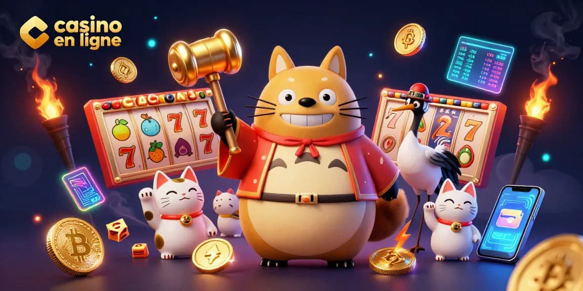 Jouer au casino en ligne avec un tanuki chanceux, des pièces de crypto et d'autres éléments de jeu.
