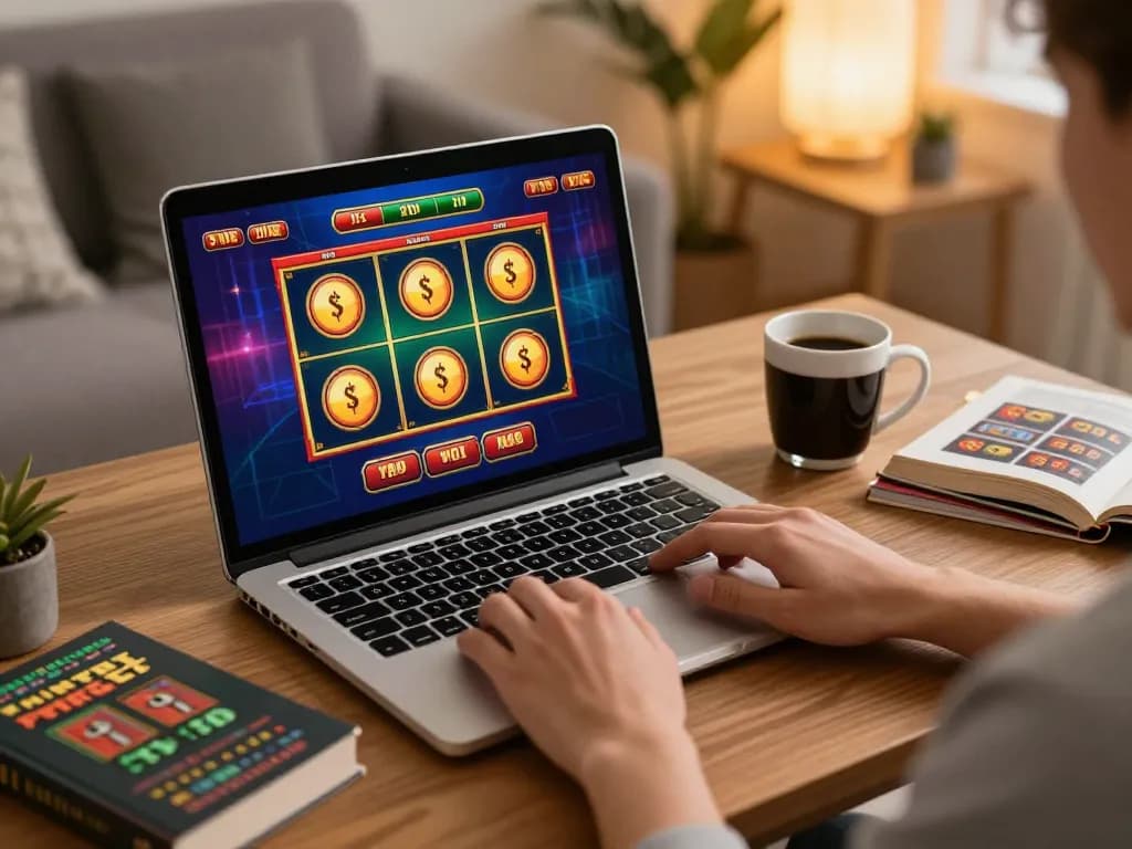 Play exciting situs slot online while strategizing with betting books in cozy home setting.