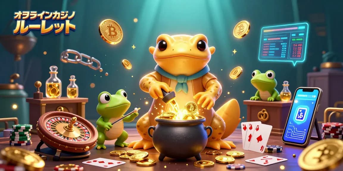 オンラインカジノ ルーレットを中心にしたルーレット、カードゲーム、コインが鮮やかに動くシーン