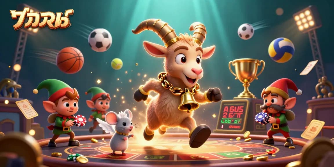 Betting on แทงบอล with animated casino characters among vibrant sports elements and dynamic motion effects.