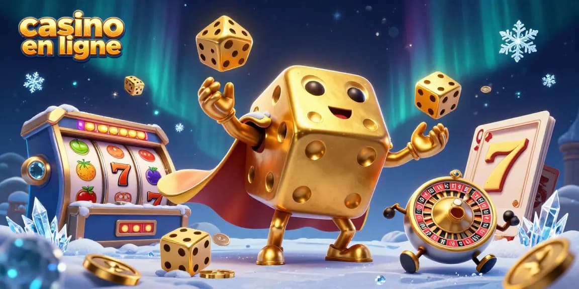 Jouez au casino en ligne avec des dés dorés animés, des rouleaux de machines à sous, et une aurora magique.