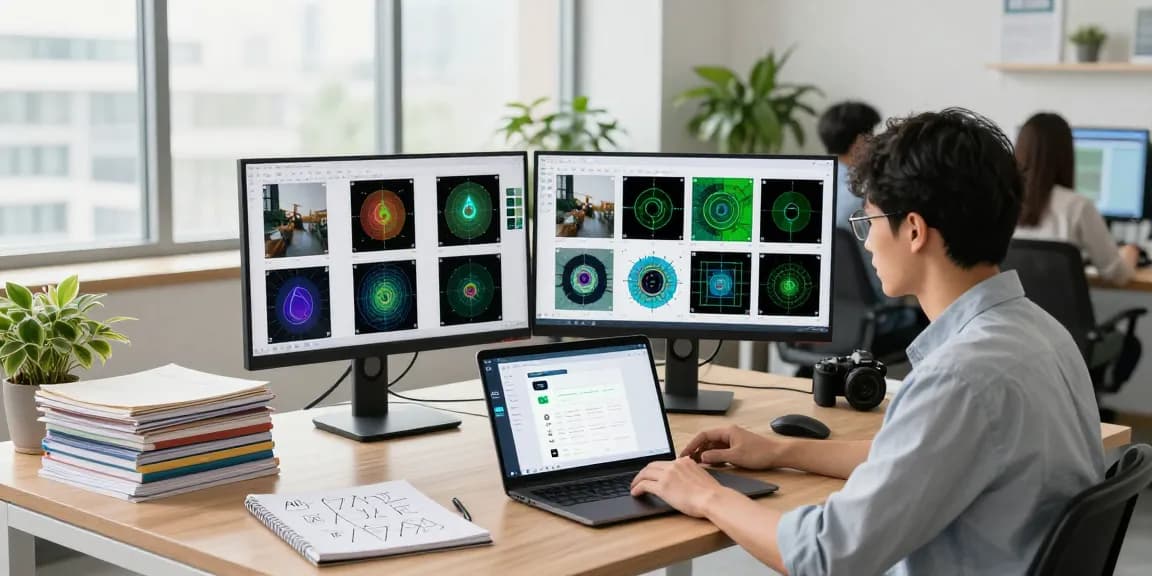 Data scientist using a free AI detector tool to analyze images in a modern workspace.