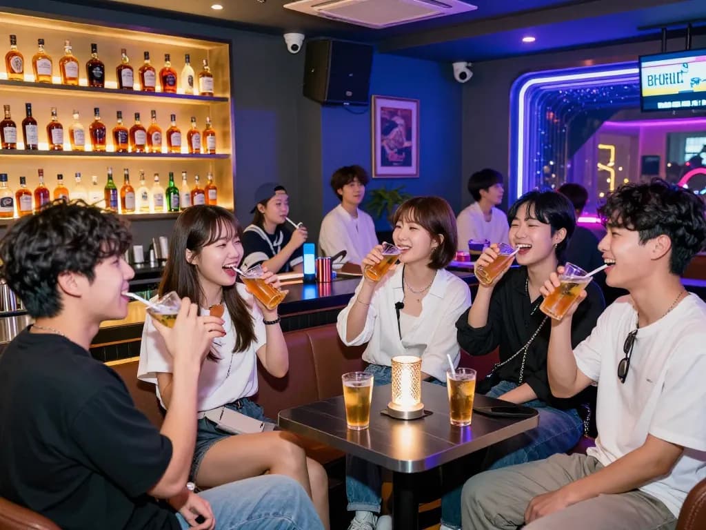 Enjoying 제주도유흥 in a lively room salon atmosphere with friends, neon lights and whiskey.