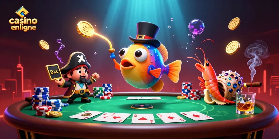 Observez le casino en ligne animé avec un poisson-lanterne et des trésors sous-marins autour d'une table de poker.