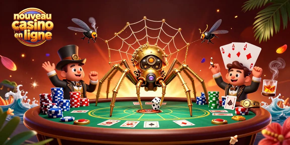Illustration 3D d'un nouveau casino en ligne avec une araignée steampunk et des dés piégés.