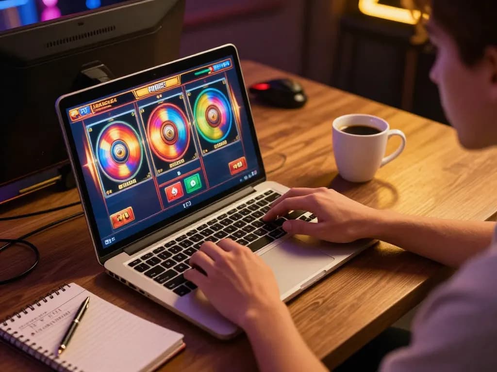 Engaging in online gaming with Link Slot Gacor displayed on laptop, showing an energized gaming atmosphere.
