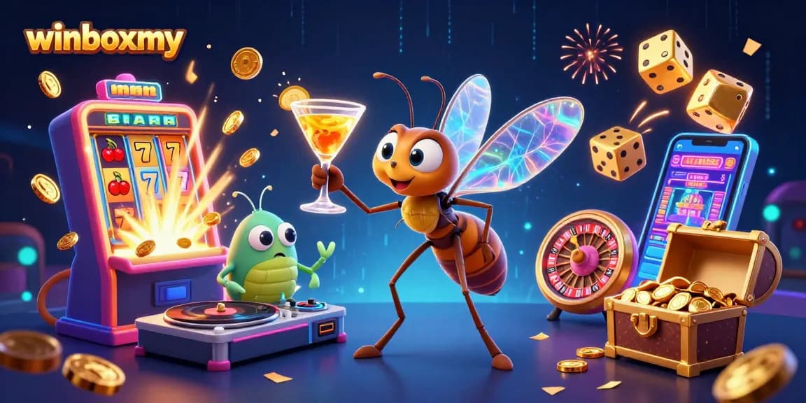 Engage with winboxmy by unlocking casino excitement in a vibrant, animated illustration.