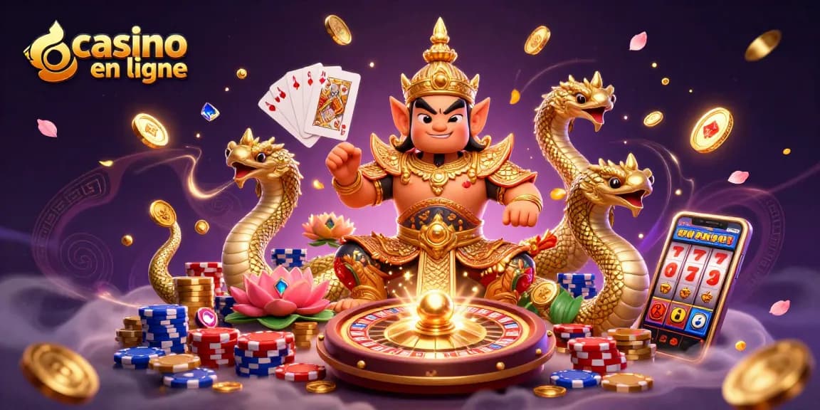 Une illustration 3D captivante représentant le casino en ligne avec un gardien en armure dorée et des serpents Naga.