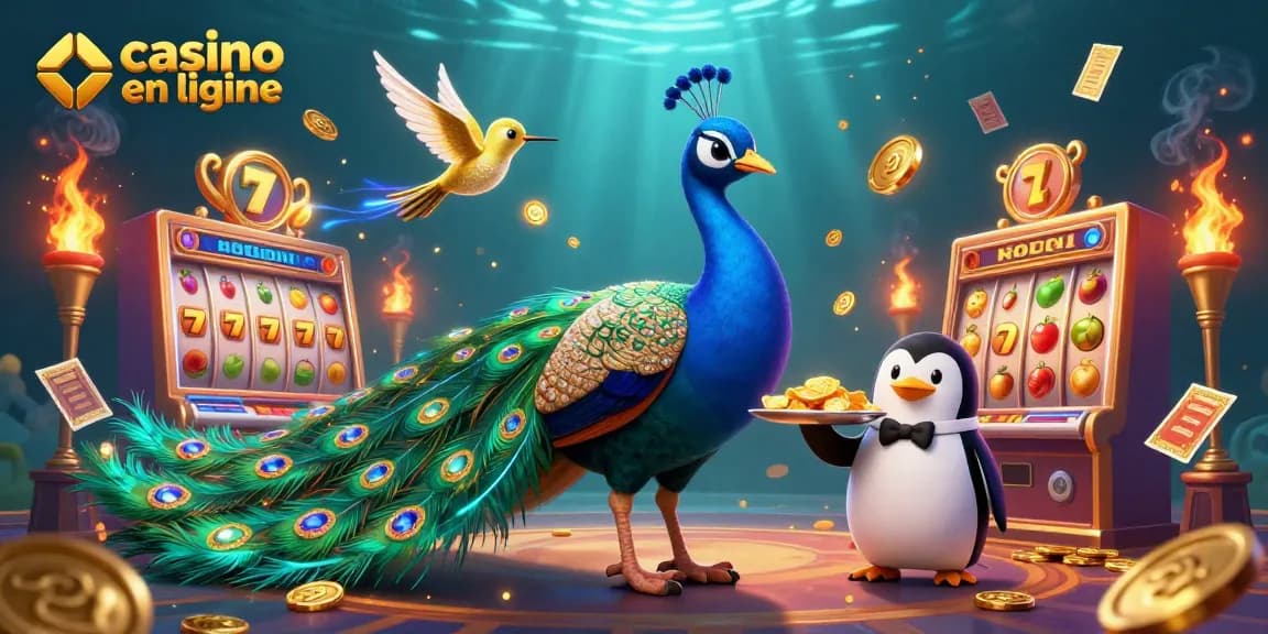 Plonger dans le monde vibrant du casino en ligne avec un paon aristocratique et des éléments de machines à sous.