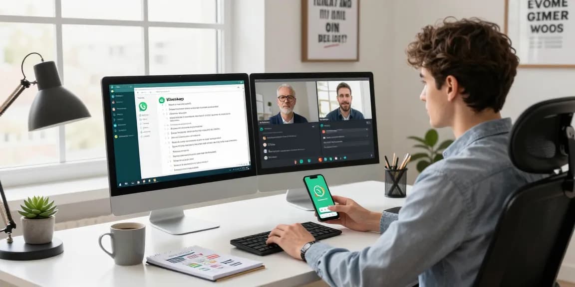 A professional user interacting with WhatsApp電腦版 on a sleek desktop setup, showcasing a modern home office environment.