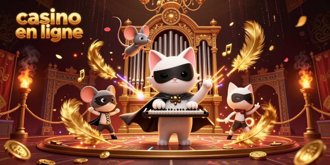 Casino en ligne avec un chat fantôme et un acrobate en pleine action, entouré de pièces d'or et d'une ambiance lumineuse.