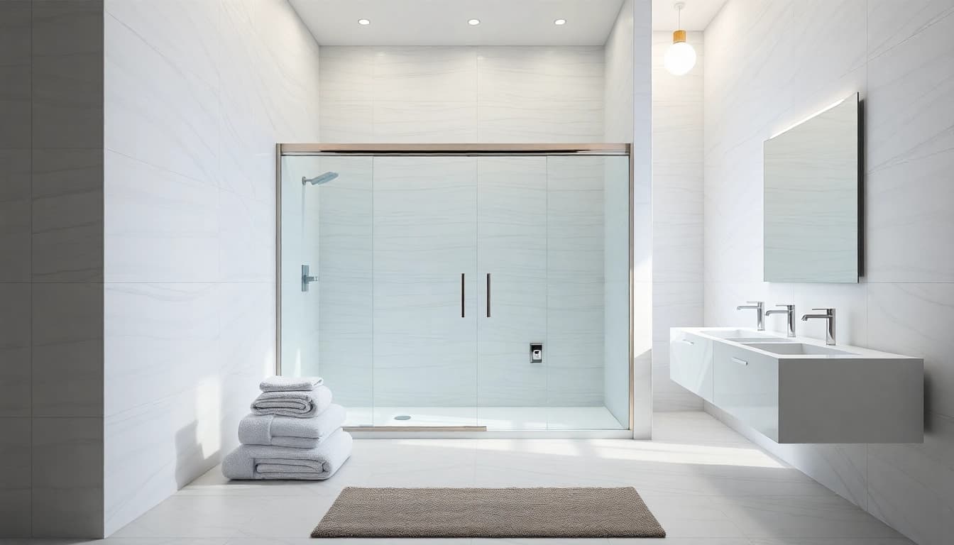 Gorgeous shower sliding doors framed by upscale tiles, reflecting elegance and modern design.