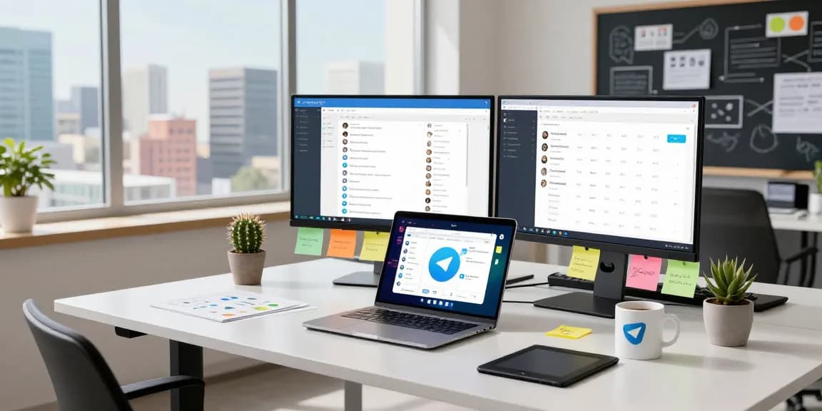 Developing the Telegram app interface at a modern workspace showcasing instant messaging features, emphasizing telegram官网 usage and user interaction data.