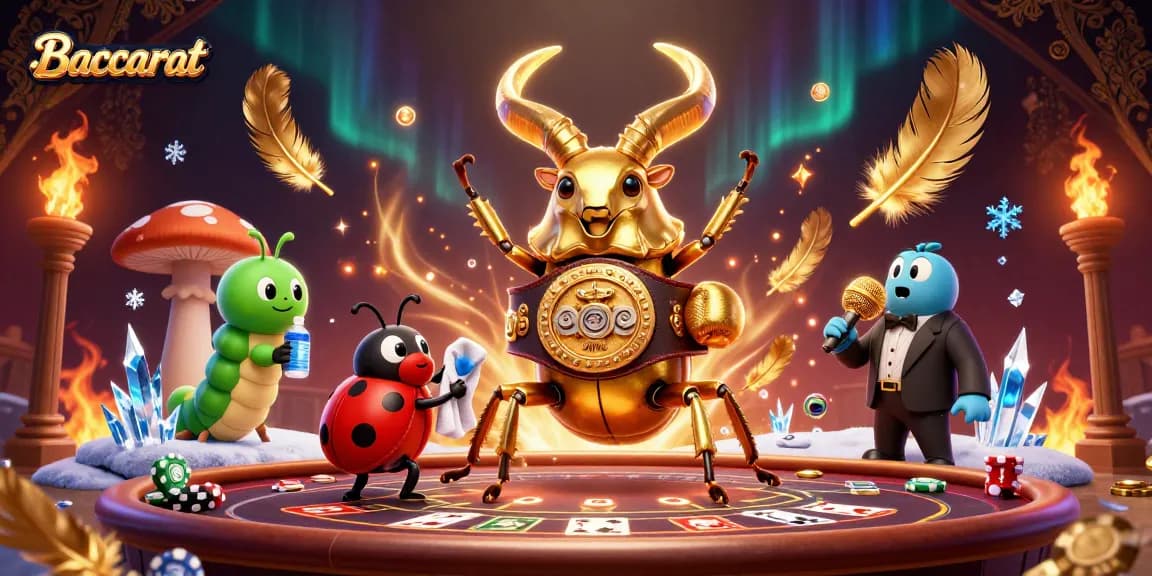 Baccarat gameplay scene featuring a bold beetle champion and corner-man ladybug in a vibrant casino.