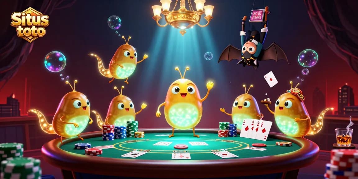 Engage with Situs toto through a vibrant poker scene illuminated by glowworms in a casino cave.