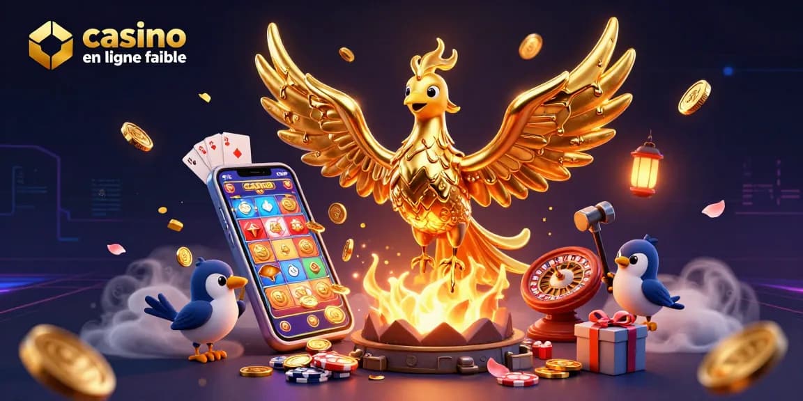 Jouez à un casino en ligne fiable avec cette illustration montrant un phoenix doré et des jeux de casino.