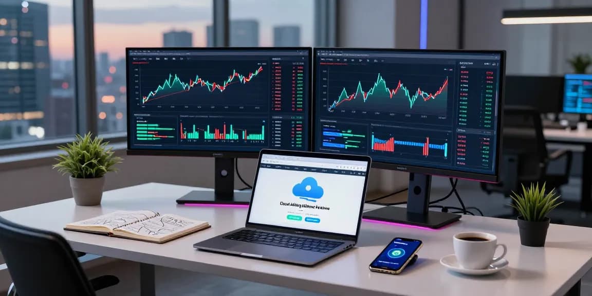Cloud mining without hardware scene featuring cryptocurrency trading setup with DeFi analysis on monitors and digital wallet interface.