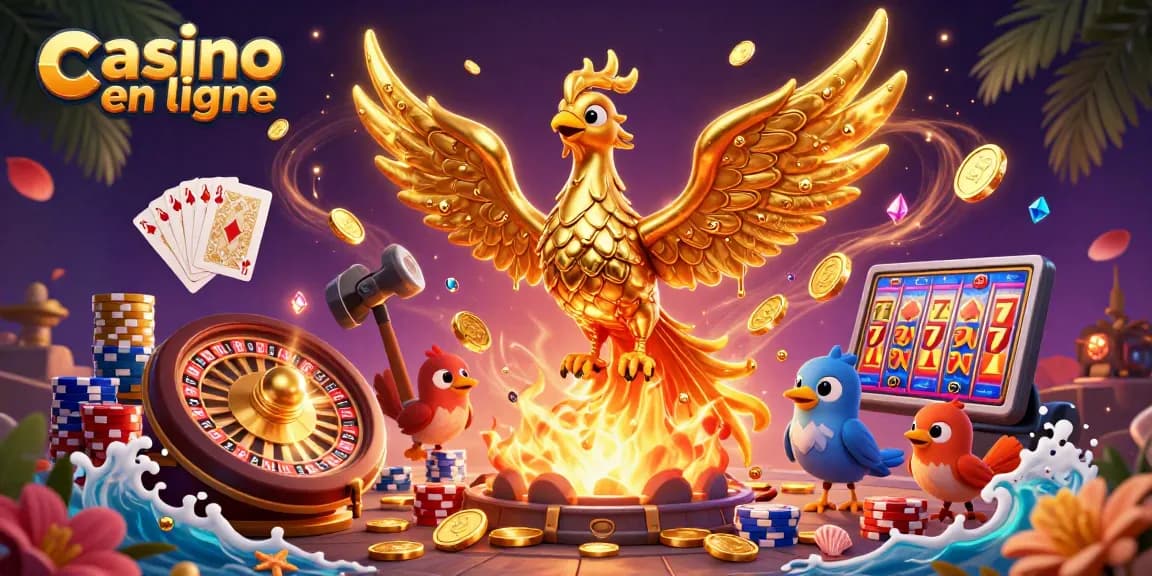 Découvrez le casino en ligne avec une illustration magique montrant un phénix doré et des jeux captivants.