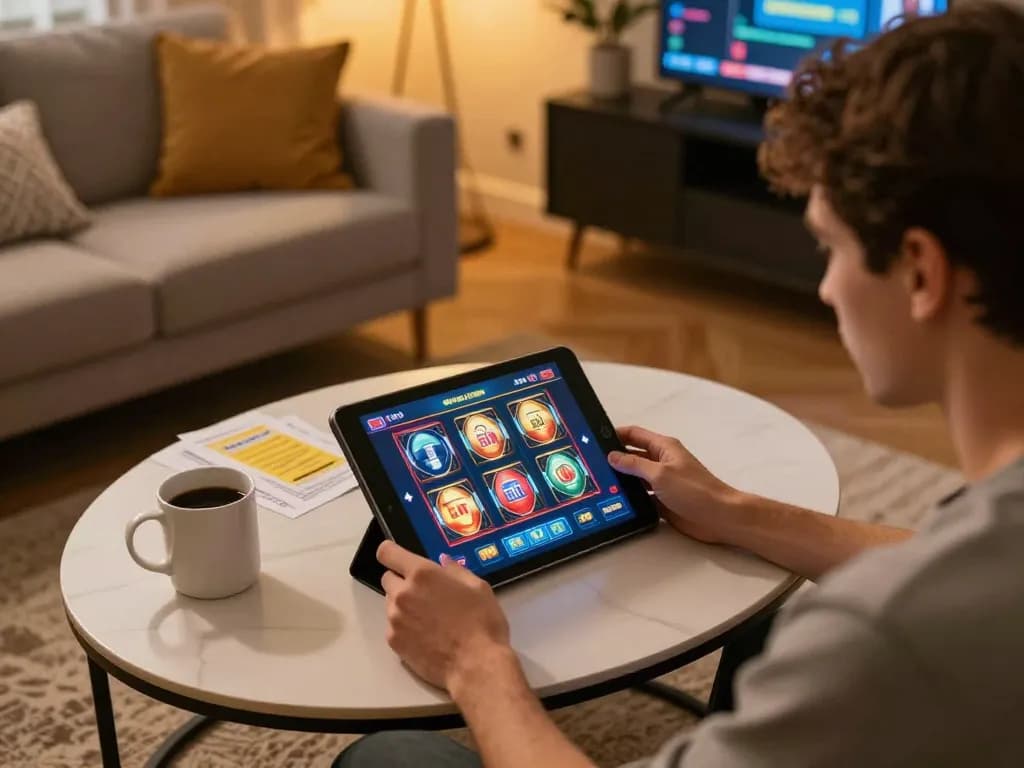 Player exploring link slot options on a tablet at home, creating a comfortable gaming environment.