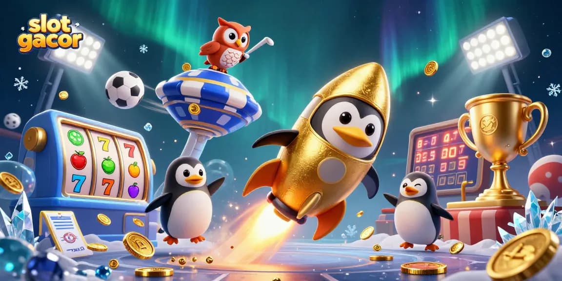 Mainkan slot gacor secara menarik dengan penguin emas meluncur dan simbol permainan yang berkilau.