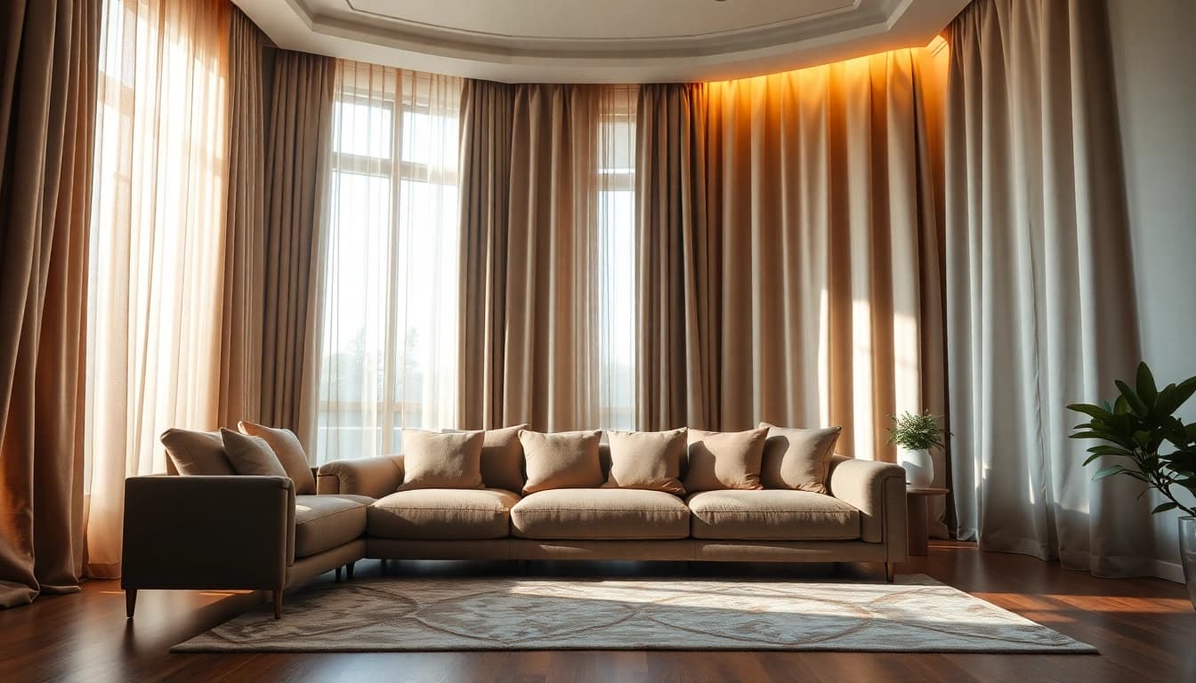 Gordijnstof kopen online: stijlvolle stoffen in een elegante woonkamer.