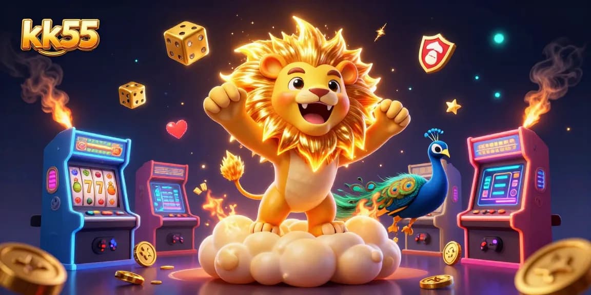 Engage with kk55's vibrant casino-themed illustration featuring a roaring sun lion amidst slot reels and golden elements.