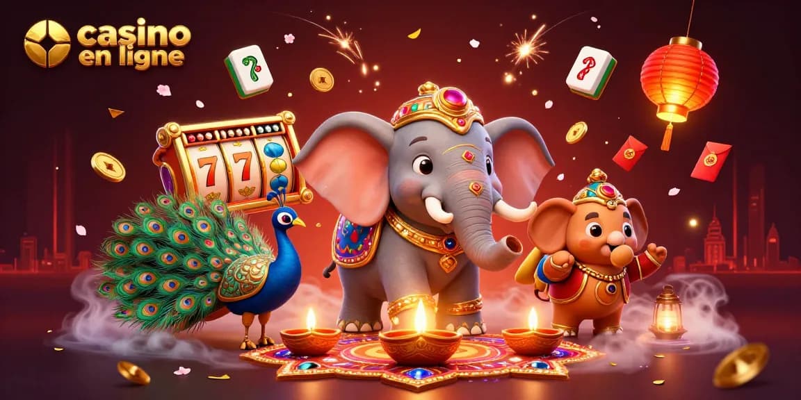 Gagnez au casino en ligne avec une illustration dynamique d'éléphants et de jeux de machines à sous.