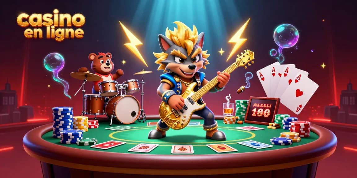 Jouer au casino en ligne avec une ambiance énergique de rock et un loup guitariste.