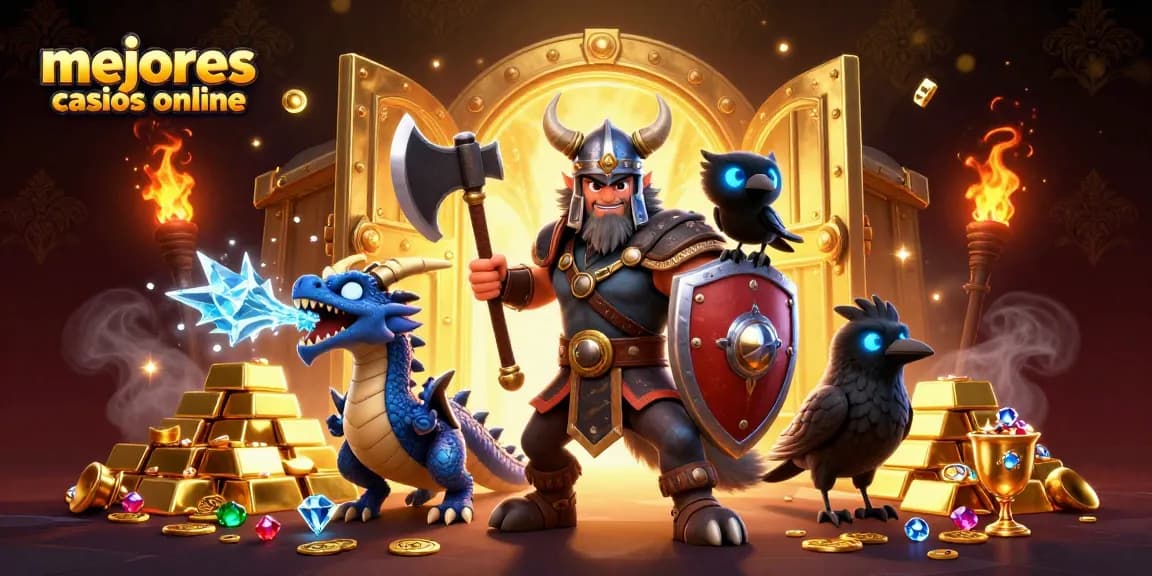 Ilustra los mejores casinos online con guerreros y tesoros en un entorno vibrante y colorido.
